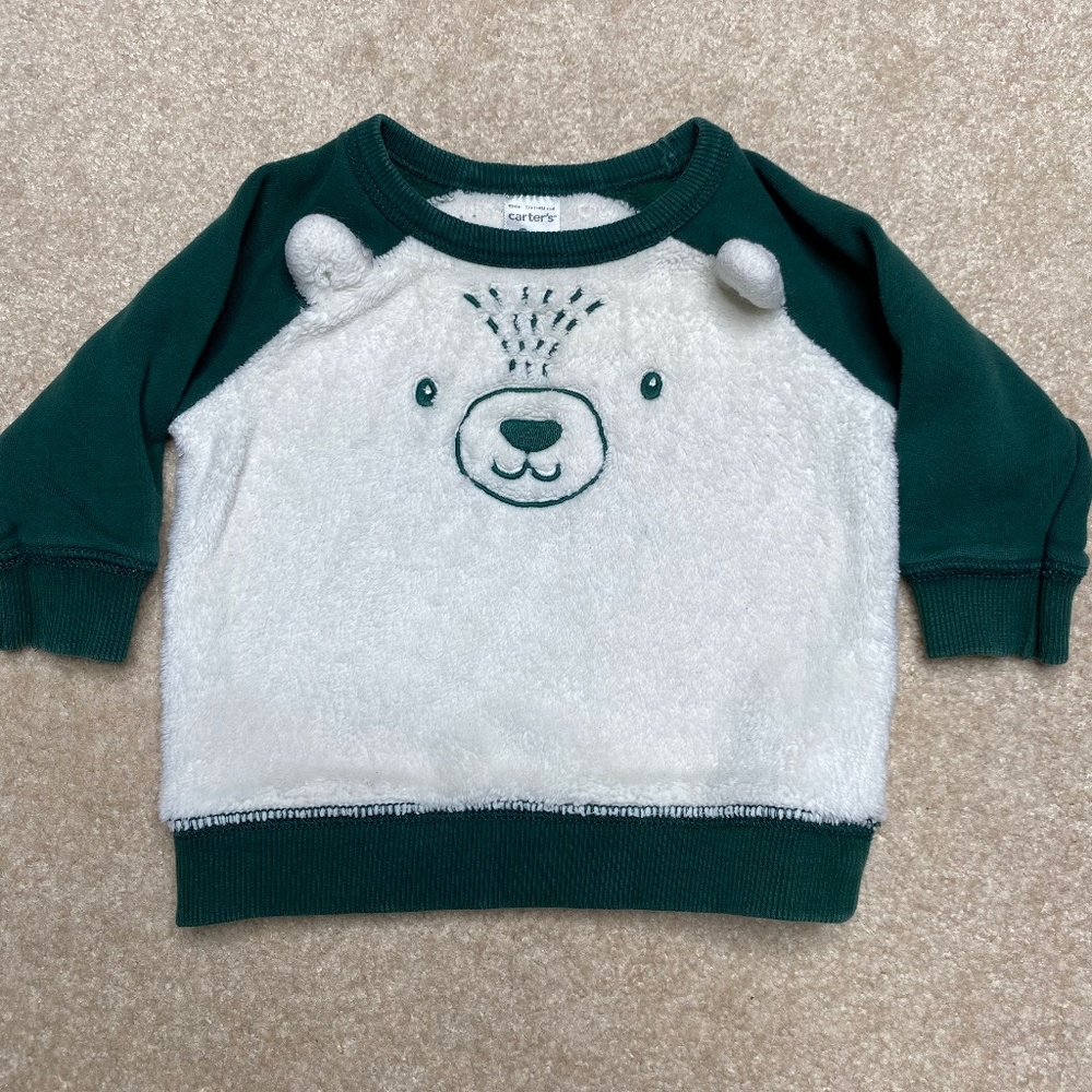 Carters white and green furry bear sweatshirt size 9 months